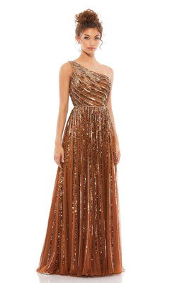 A woman wears the Mac Duggal 5220 One-Shoulder Beaded Formal Dress, standing facing forward against a white background.