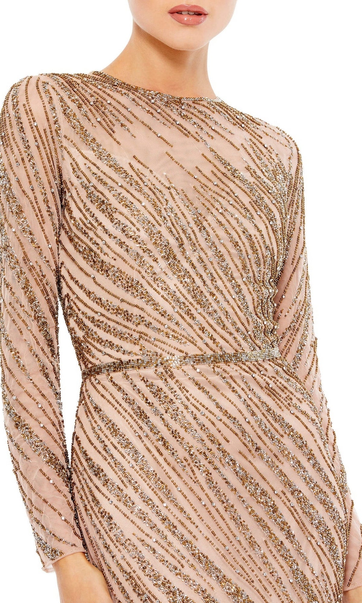 A person models the Mac Duggal 5240 Long Sleeve Sequin Formal Dress, featuring sheer nude fabric and gold sequin stripes, shown from shoulders to hips.