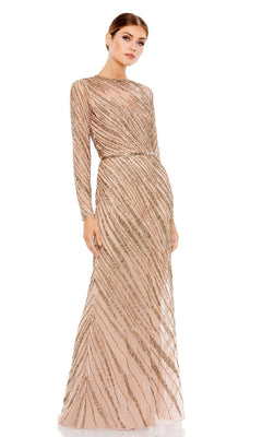A woman stands against a plain white background wearing the Mac Duggal 5240 Long Sleeve Sequin Formal Dress, a high-neck nude gown featuring gold diagonal sequins and long sleeves.
