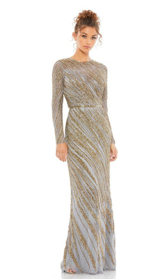 A woman wears the Mac Duggal 5240 Long Sleeve Sequin Formal Dress, a floor-length gown featuring gold and silver diagonal sequins on light fabric with a high neckline.