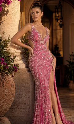 A woman wearing the Jovani 52442 long formal dress—a fitted, sleeveless pink evening gown adorned with sparkling embellishments and featuring a high slit—stands by a stone column in an elegant setting.
