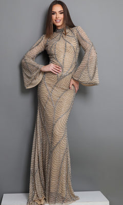 A woman with straight brown hair wears the Jovani 52447 Long Formal Dress in Nude/Silver, featuring silver beaded details and elegant flared sleeves, as she stands against a gray background—a sophisticated evening gown ideal for the mother of the bride.
