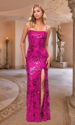 Blondie Nites Annie Long Sequin Lace Corset Dress - Hot Pink / 11 Blondie Nites Annie Long Sequin Lace Corset Dress - Hot Pink / 11