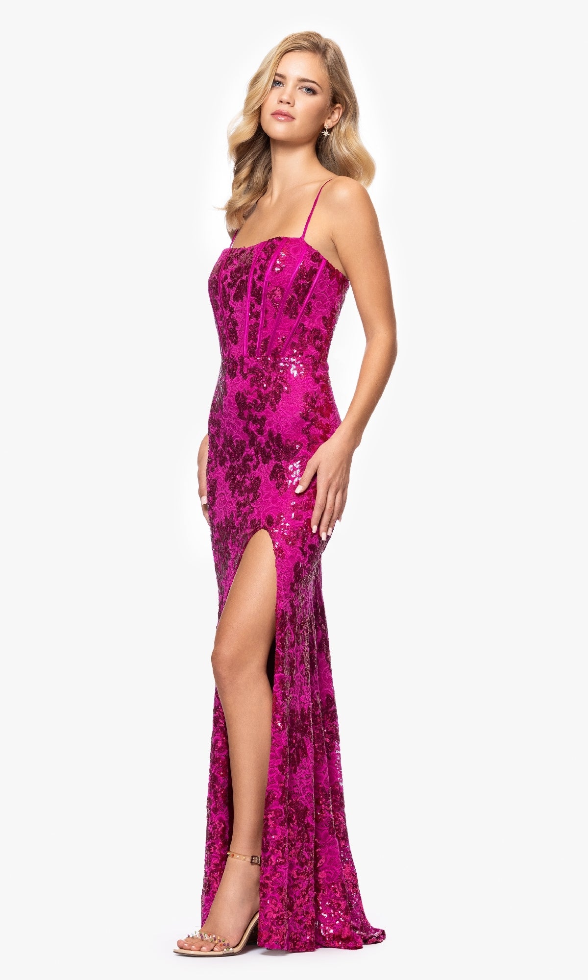 Blondie Nites Annie Long Sequin Lace Corset Dress - Hot Pink / 11 Blondie Nites Annie Long Sequin Lace Corset Dress - Hot Pink / 11