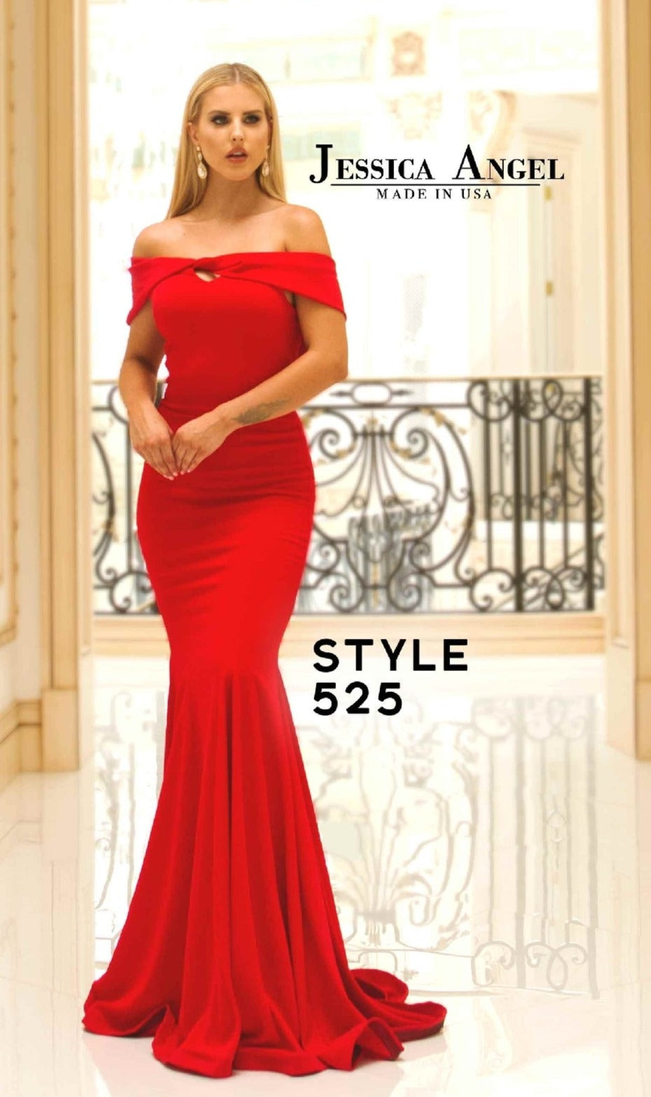 A woman in a fitted, off-the-shoulder red Long Mermaid Prom Dress (Jessica Angel 525) stands indoors; text reads 