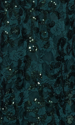 Close-up of dark green lace with floral patterns and sequins, ideal for the Long Green Sequin Prom Gown: Blondie Nites 5256BN.