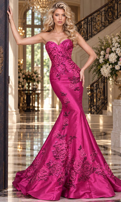 Fuchsia Jovani 52772 strapless mermaid prom dress with floral embroidery and a floor-length hem.