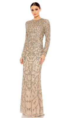 A woman poses in the Mac Duggal Long Formal Dress 5308, a floor-length beige gown with long sleeves, intricate beadwork, and sequins, set against a plain white background.