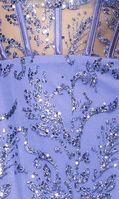 Close-up of the Blondie Nites 5315BN long periwinkle prom dress, showcasing intricate sequin and bead embroidery in swirling patterns on sheer fabric with satin ribbon detailing at the top.