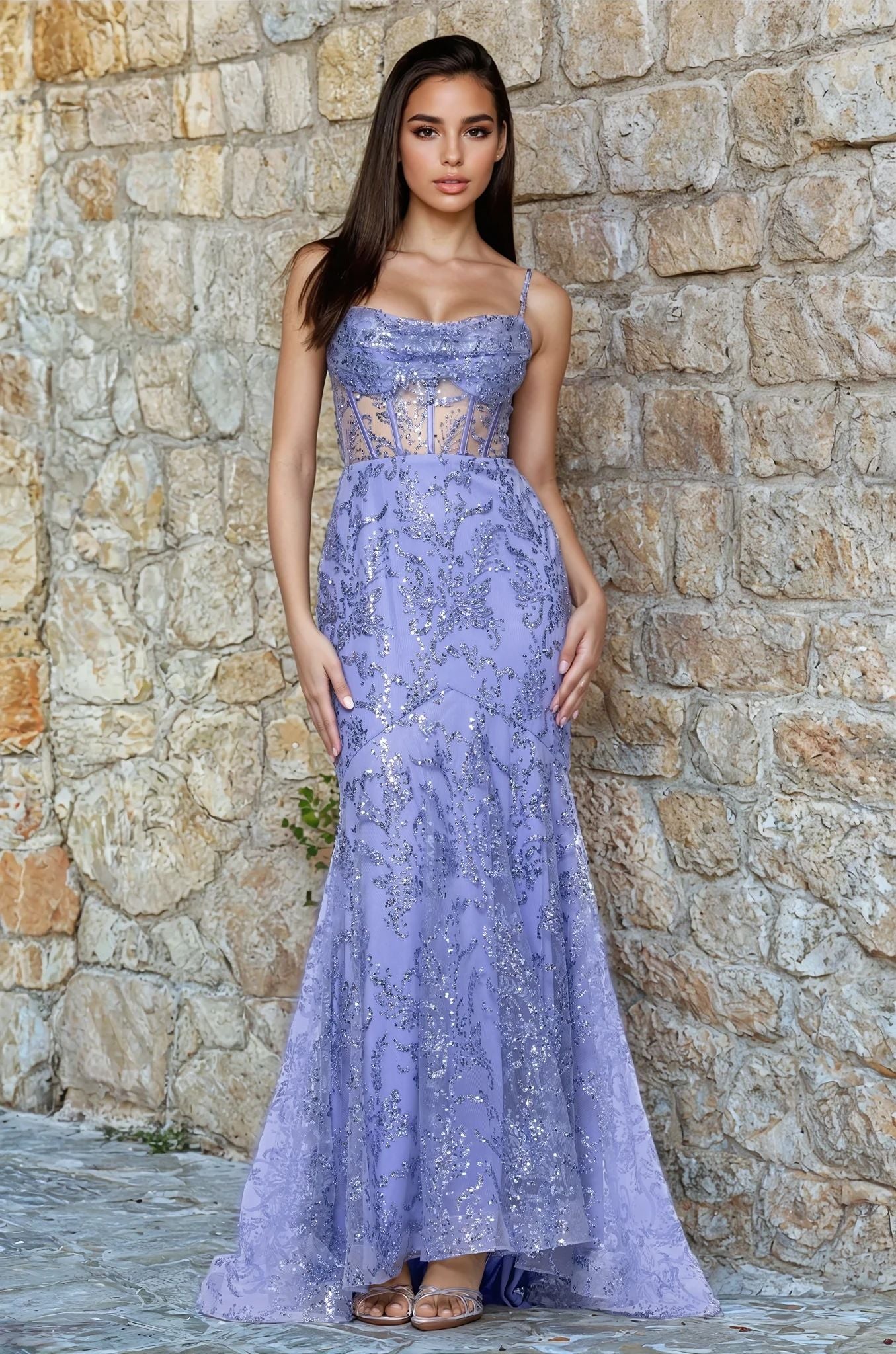 Periwinkle Long Glitter Prom Dress with Lace-Up Corset Periwinkle / 15 Periwinkle Long Glitter Prom Dress with Lace-Up Corset Periwinkle / 15