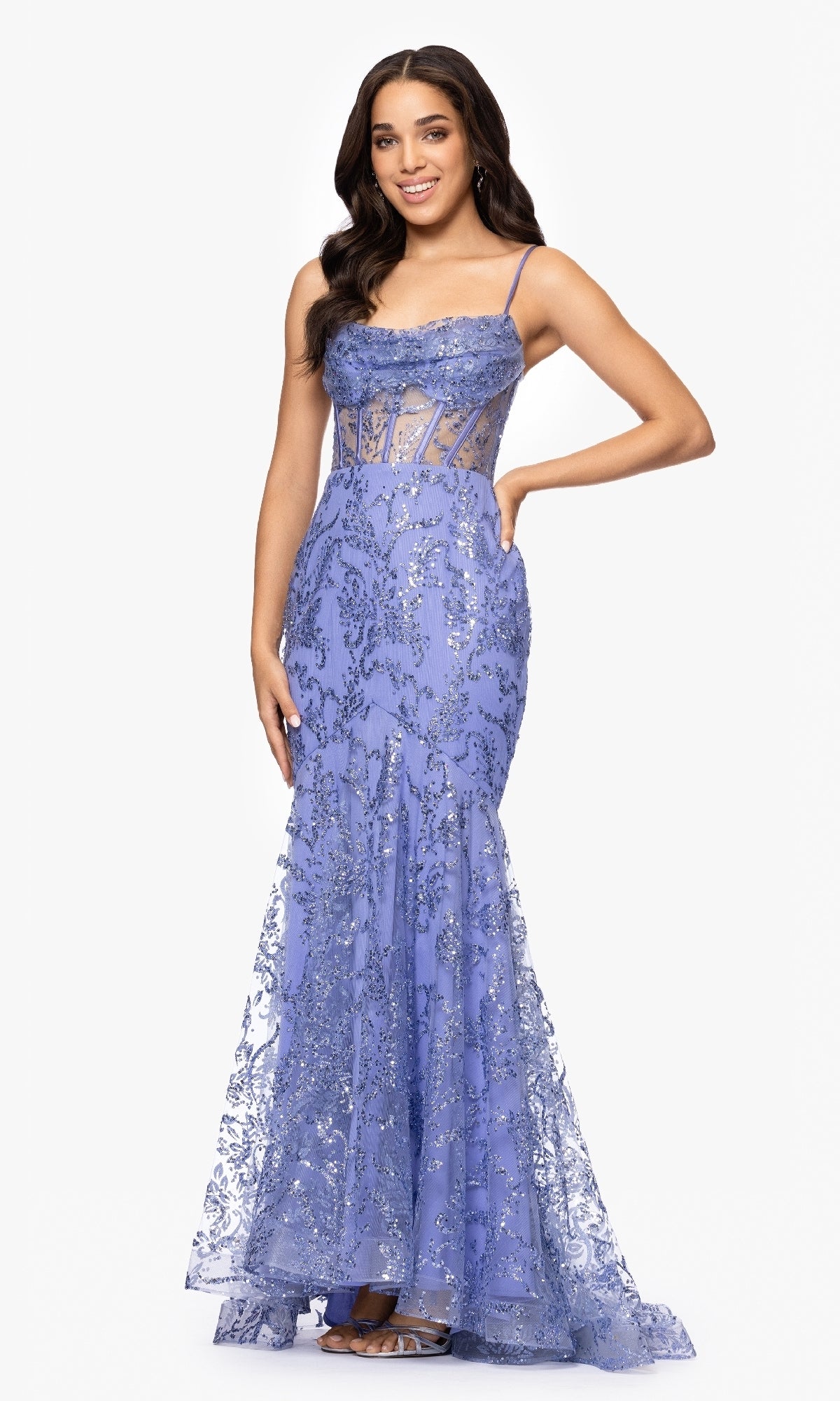 Periwinkle Long Glitter Prom Dress with Lace-Up Corset Periwinkle / 15