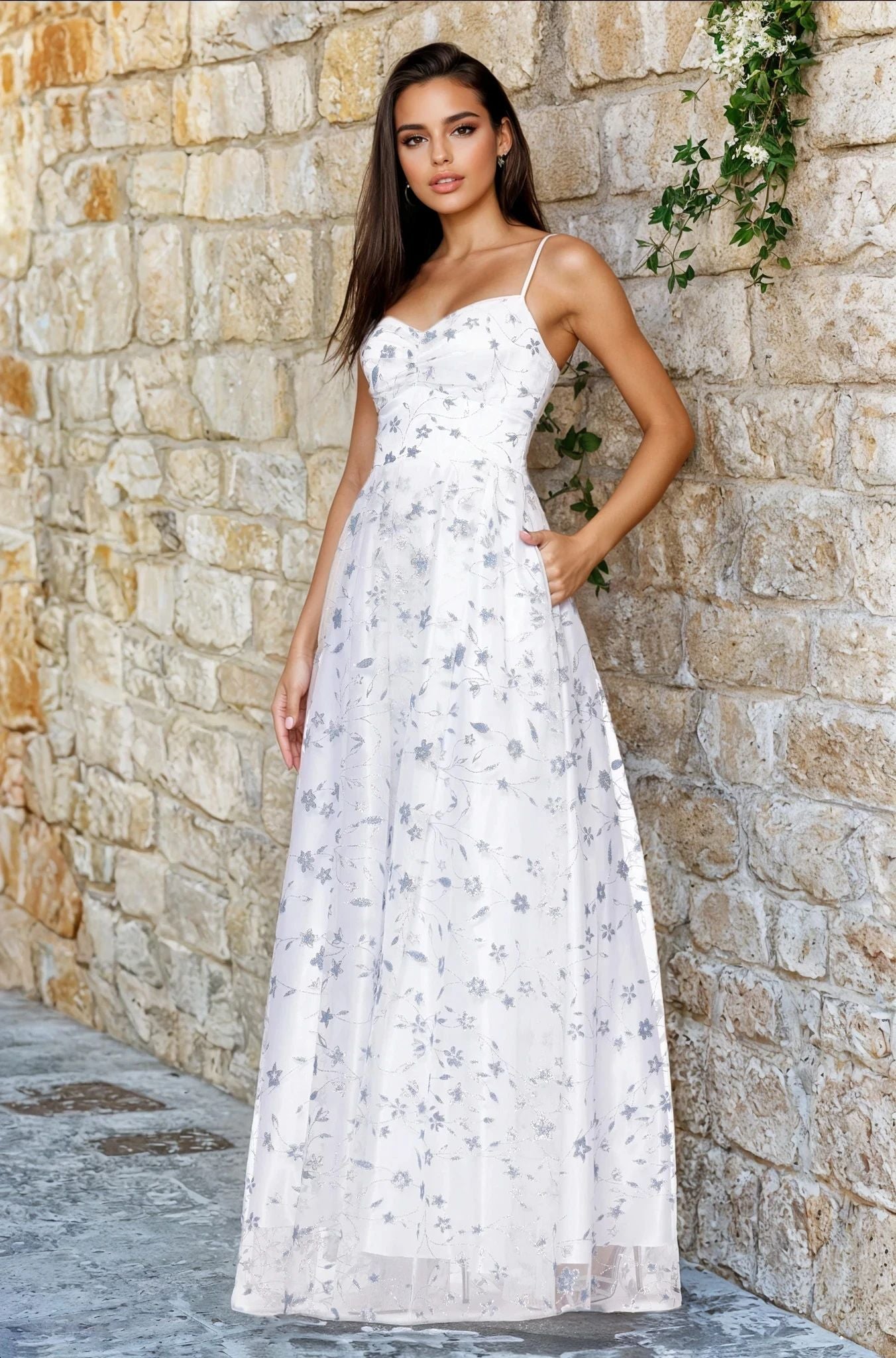 ivory prom dress Long Ivory Glitter-Print Prom Dress with Lace-Up Back Ivory/Peri / 0