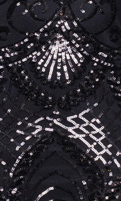 Close-up of black fabric from the Blondie Nites 5327BN Long Black Sequin Prom Dress, showcasing an affordable design with black and silver sequins in intricate, symmetrical curved patterns.