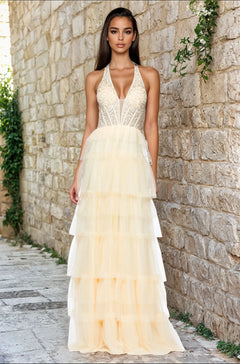 yellow and white wedding dress Long Yellow Ruffled Halter Prom Dress with Beads Yellow / 7