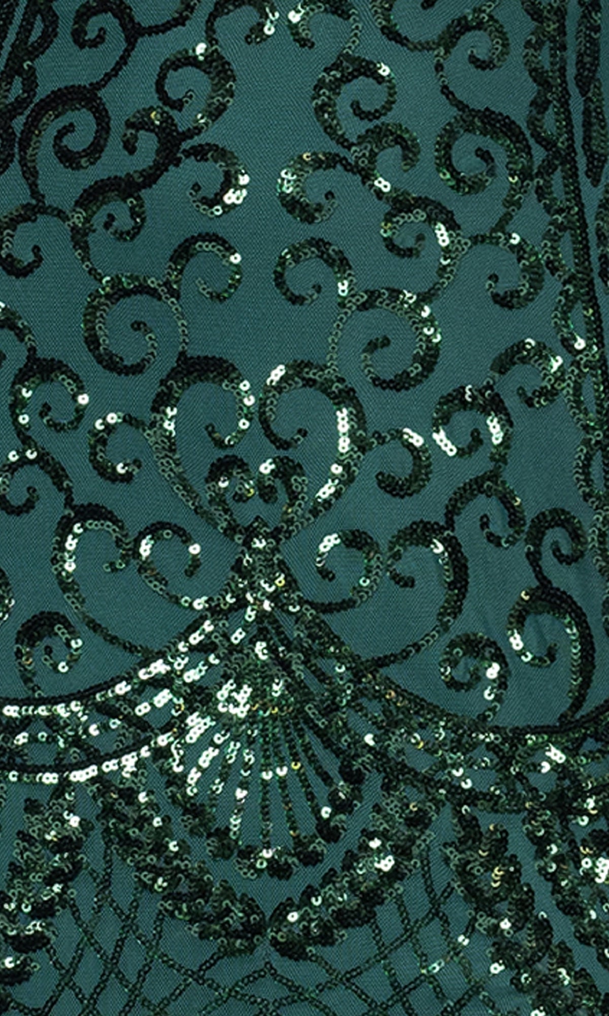 Close-up of dark green fabric with intricate, shimmering sequin designs—ideal for creating a standout look with the Long Sequin-Print Prom Dress: Blondie Nites 5377BN.