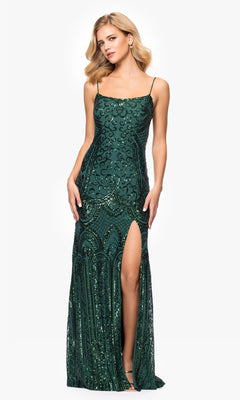 A woman wears the Blondie Nites 5377BN long sequin-print prom dress with spaghetti straps and a thigh-high slit, posing against a plain white background.