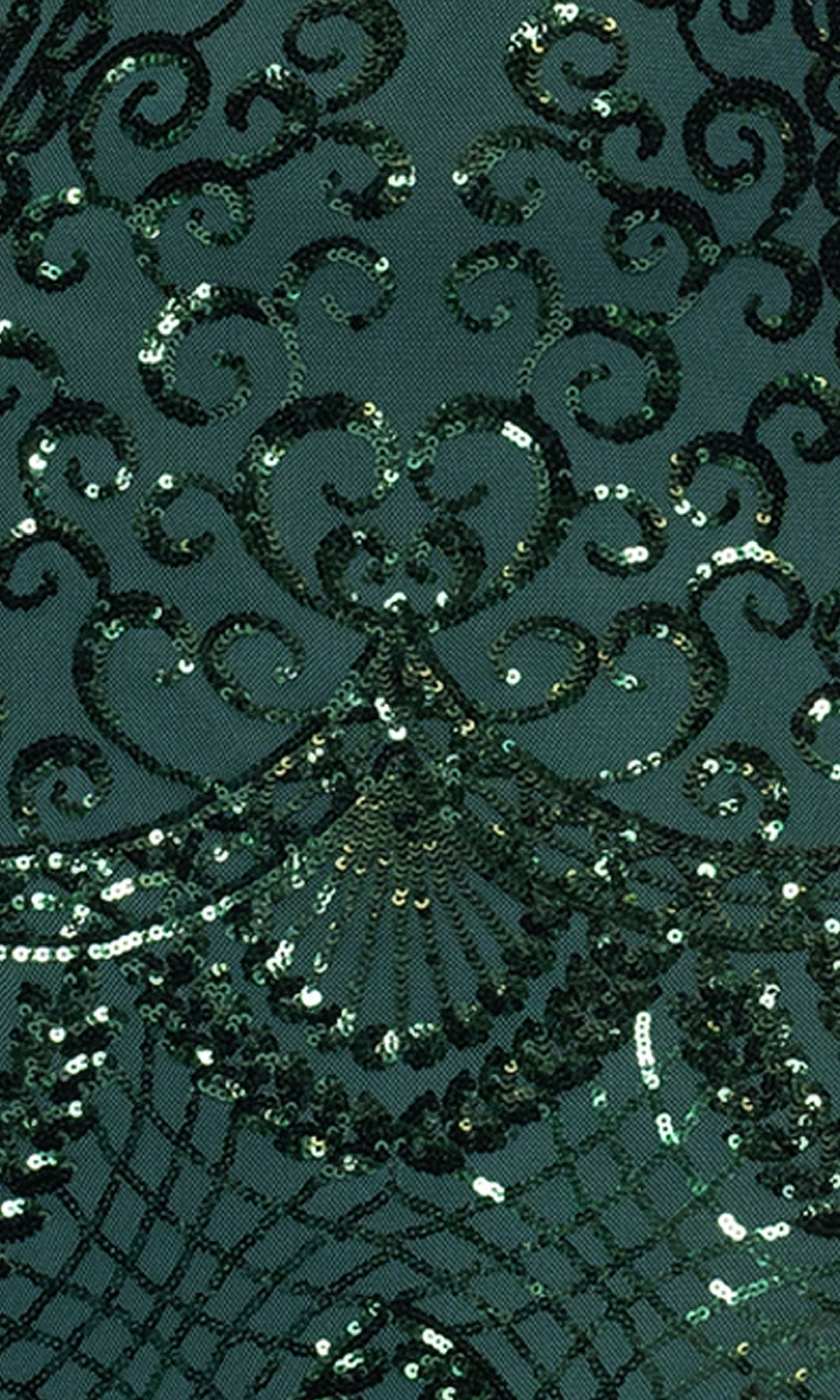Close-up of the Long Green Sequin Prom Dress: Blondie Nites 5383BN, showing dark green sequin fabric with swirling patterns and fan-like designs for a richly textured, decorative look.