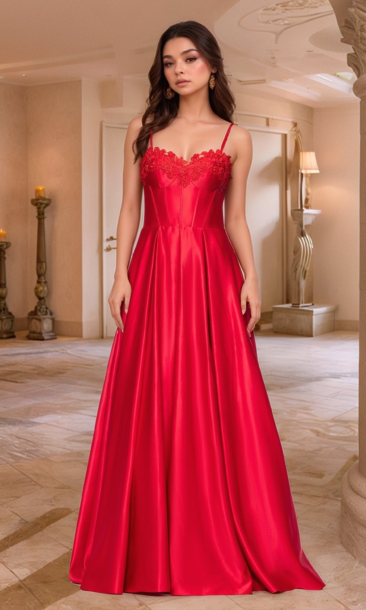 A woman stands indoors wearing the Blondie Nites 5387BN Classic Long Prom Dress in red, a floor-length satin evening gown with thin straps and an embroidered-lace corset bodice.