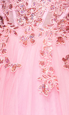 Close-up of the Blondie Nites 5389BN blush pink prom dress, featuring intricate beaded floral lace embroidery and butterfly accents on sheer fabric.