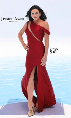 Woman in a red Slash Cut-Out Long Prom Dress: Jessica Angel 541, featuring a one-shoulder design and thigh-high slit, by the pool. Text: "Jessica Angel Made in USA" and "Style 541." Ideal for prom or any formal event.
