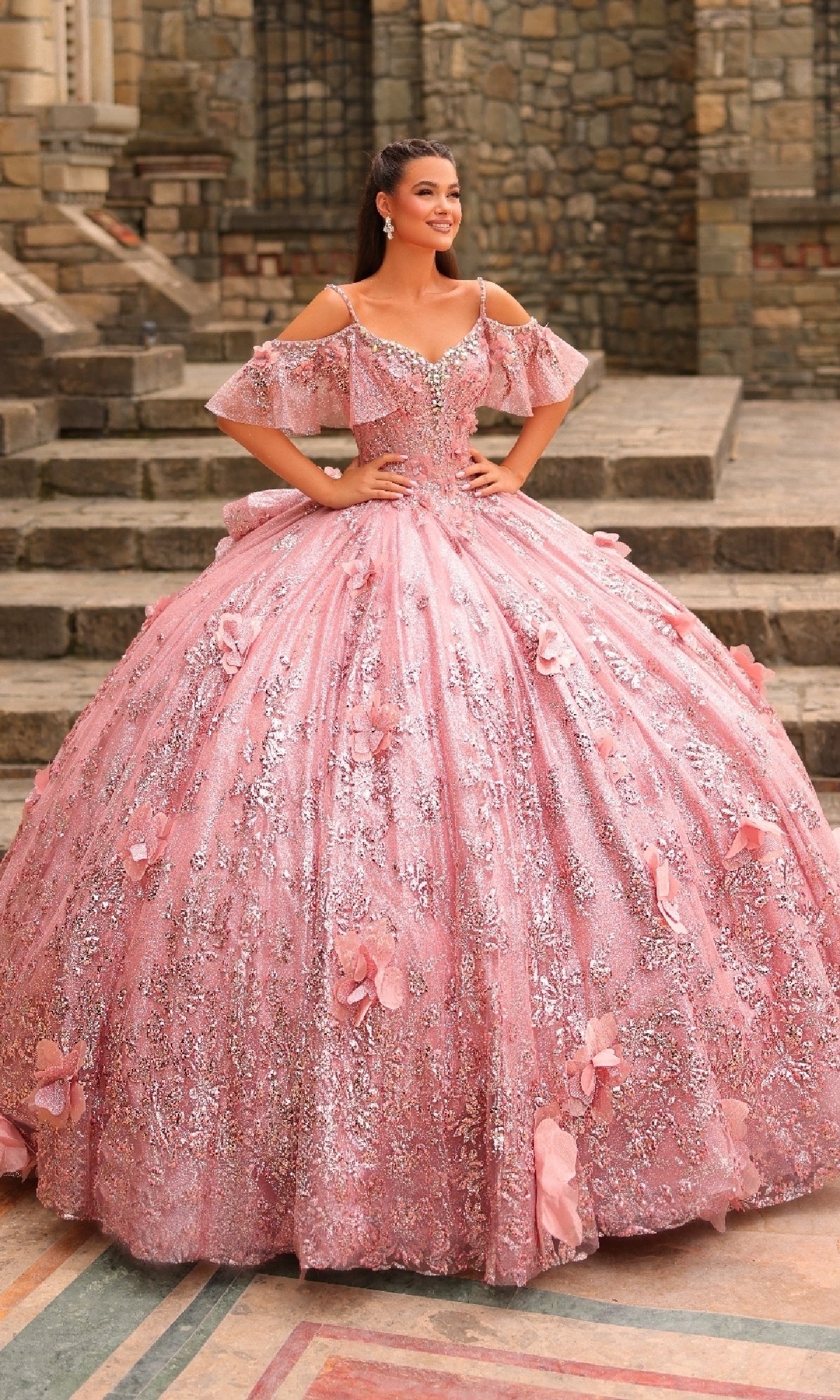 Glitter Tulle Quinceañera Dress: Amarra 54229 Rose Gold / 00