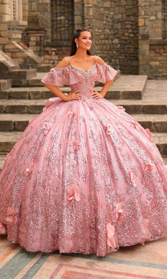 A young woman stands outdoors on stone steps wearing the Amarra 54229 Glitter Tulle Quinceañera Dress, featuring silver beading, floral details, and layers of sparkling tulle.