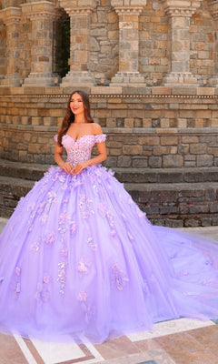 A young woman stands outdoors before a stone wall, wearing the Amarra 54231 3D Floral Quinceañera Dress in lavender with off-the-shoulder sleeves and voluminous layers adorned with 3D floral appliqués.
