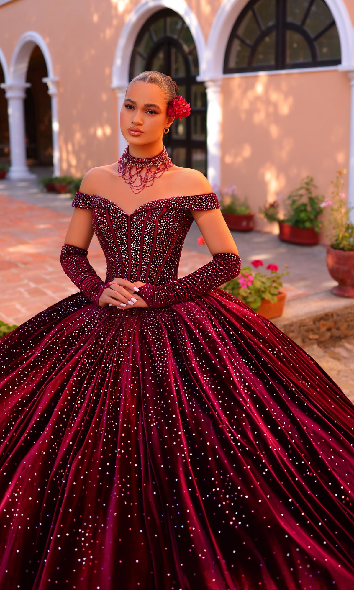 Amarra 54257 Off-Shoulder Velvet Quinceañera Dress