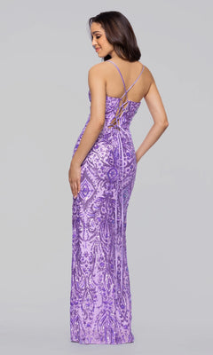 A woman wears the Blondie Nites 5428BN long prom dress in lavender purple, featuring sequins, spaghetti straps, and a lace-up back, standing against a plain gray background.