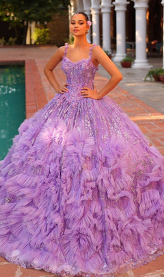 A woman poses by a pool in the Quinceanera Dress 54314 By Amarra, a lavender v-neck ball gown adorned with floral details and sequins, standing confidently outdoors with her hands on her hips.