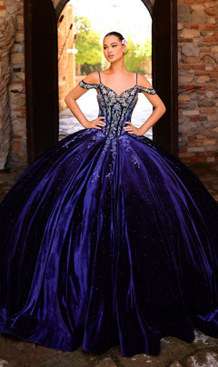 A woman stands in a doorway wearing the Quinceanera Dress 54316 by Amarra?a dark blue off-the-shoulder ball gown with silver embellishments and ombre lace embroidery. She wears a flower in her hair.