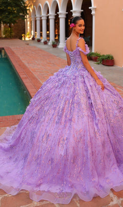 A young woman in the Quinceanera Dress 54320 By Amarra, featuring off-the-shoulder styling and 3D floral details, stands by a pool, smiling over her shoulder.