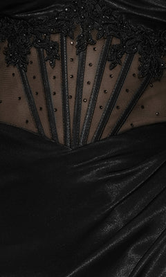 Close-up of the Strapless Black Prom Dress: Blondie Nites 5434BN, showcasing black satin fabric with a sheer mesh panel, black embroidered lace, vertical lines, and delicate beaded embellishments.