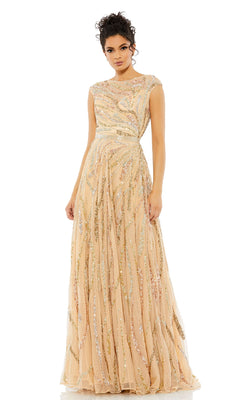 A woman stands facing forward against a white background in the High-Neck Beaded Formal Gown: Mac Duggal 5445, a floor-length, sleeveless light peach dress with sequin and bead embellishments.