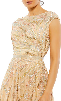 Woman wearing the Mac Duggal 5445 High-Neck Beaded Formal Gown, a sleeveless light beige evening dress with gold, silver, and pink sequin swirl embellishments.