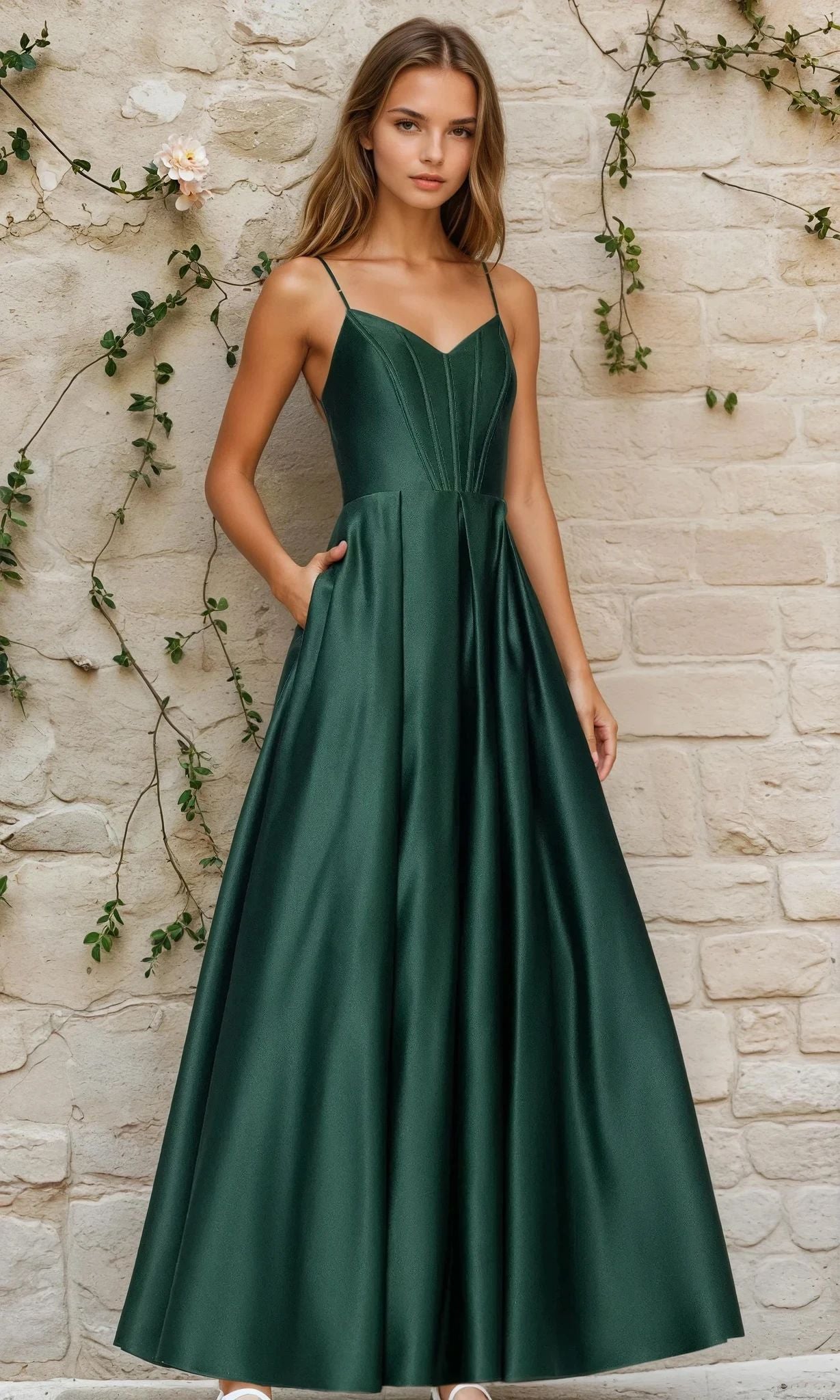 A woman in the Blondie Nites 5446BN Classic Long Prom Dress in hunter, a sleeveless, floor-length A-line satin gown with a lace-up open back, stands against a light stone wall decorated with green vines and flowers.