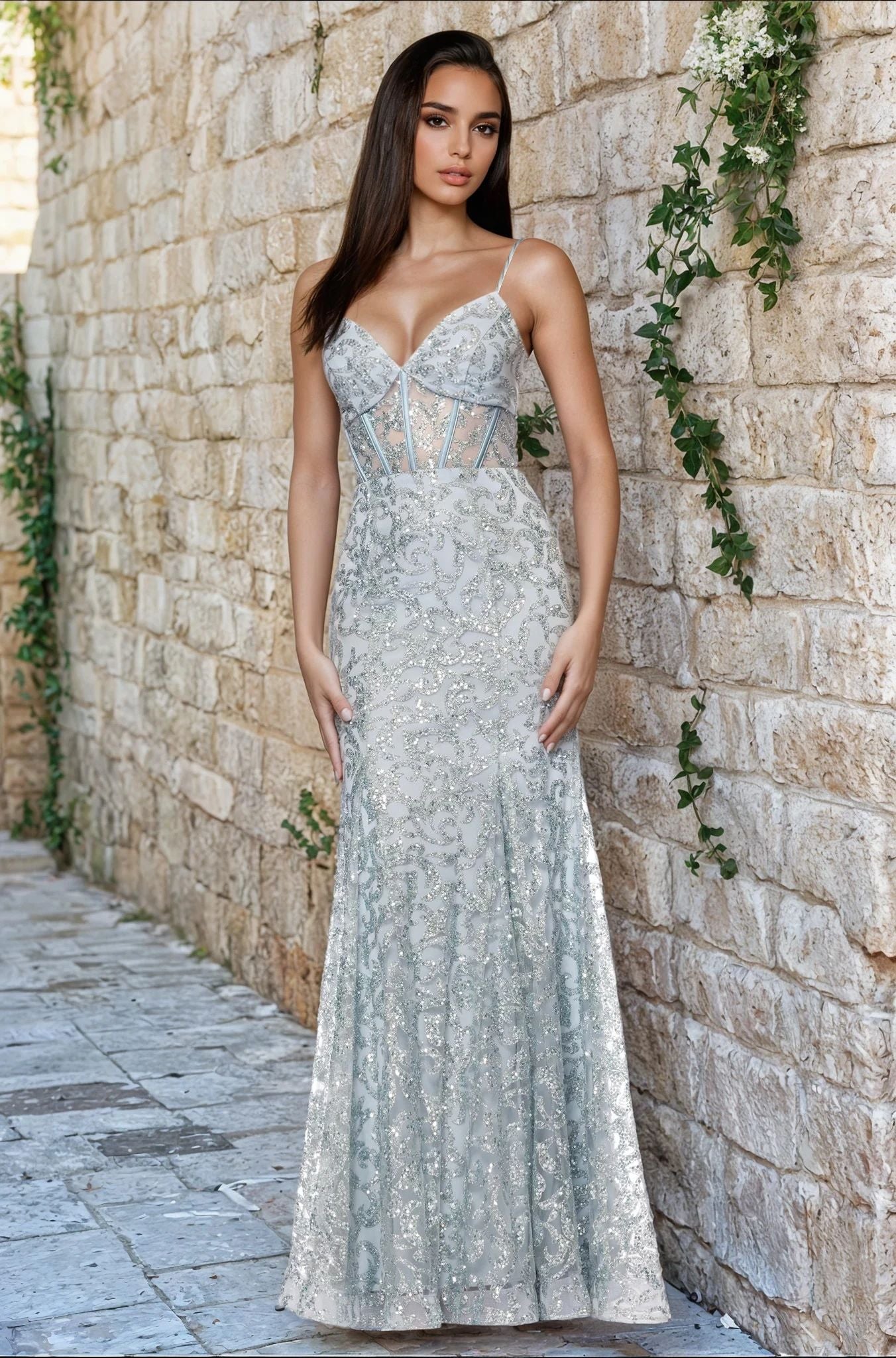 A woman stands against a stone wall wearing the Long Green Sequin Prom Dress Blondie Nites 5472BN, featuring silver sparkle, thin straps, and a sheer corset-style bodice.