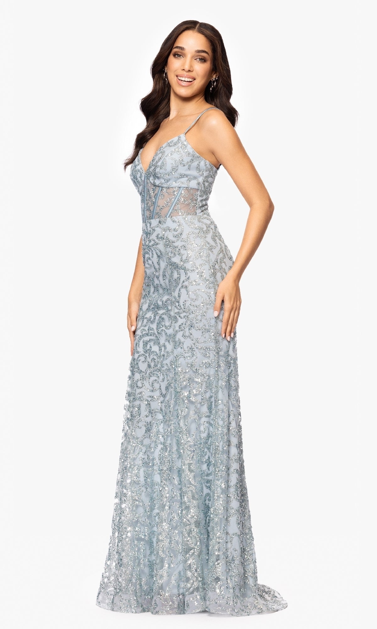 Lace-Up Long Sage Green Prom Dress with Sequin Print Sage / 0 Lace-Up Long Sage Green Prom Dress with Sequin Print Sage / 0