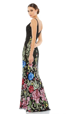 Long Black Beaded Formal Dress with Sequin Flowers– PromGirl