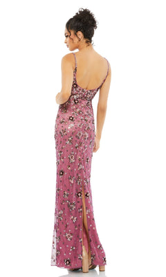 A woman faces away, wearing the Mac Duggal 5477 Floral-Beaded Long Formal Dress with a sleeveless design, floor-length cut, and back slit, posing against a white background.