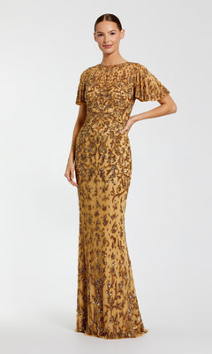 Long Gold Beaded Formal Dress with Short Sleeves PromGirl