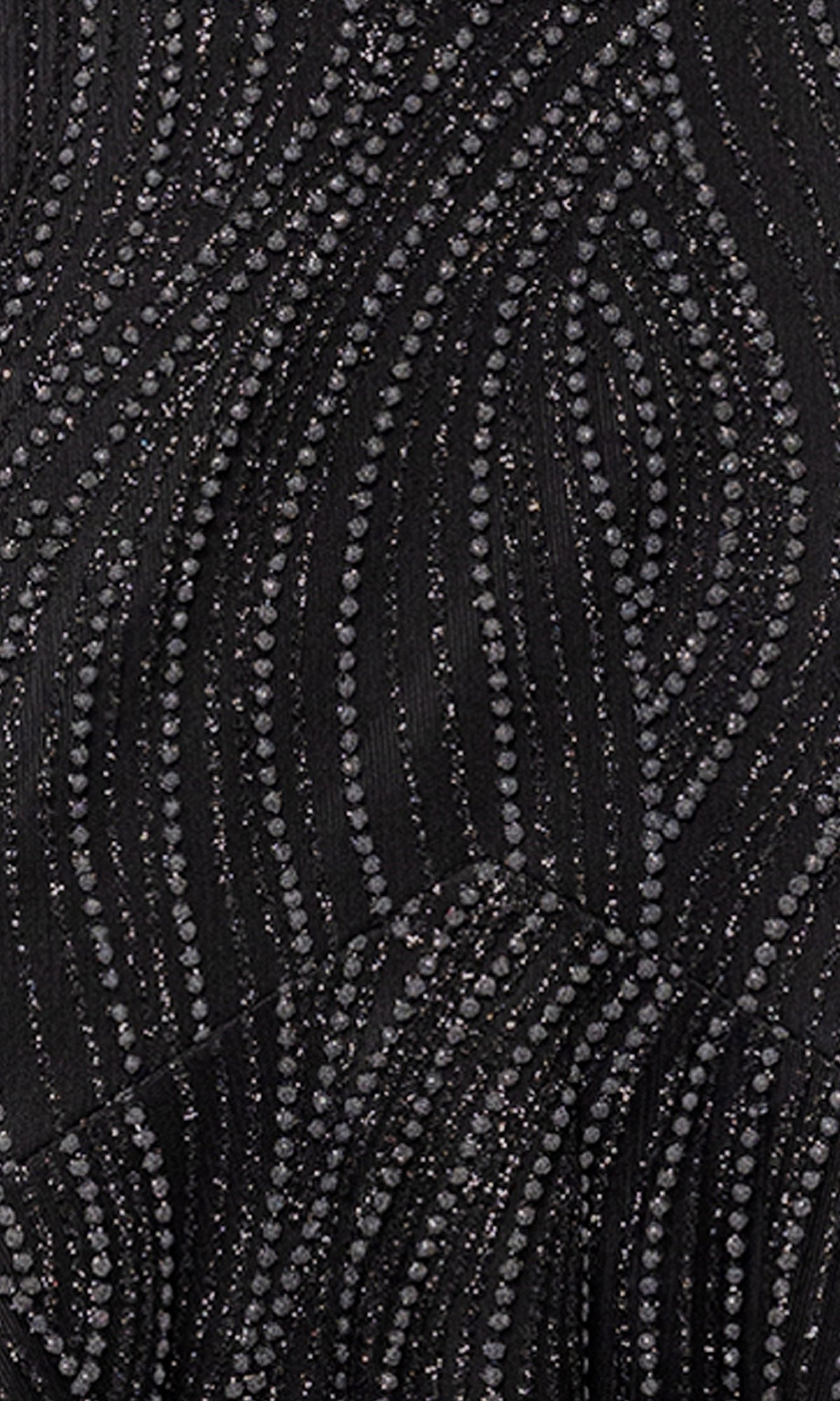 Close-up of black fabric from the Long Black Glitter Prom Gown: Blondie Nites 5491BN, featuring swirling patterns of small, shiny beads and glittery accents.