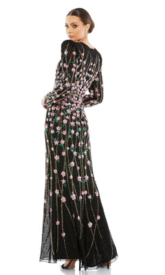 Woman wearing the Beaded Long Black Formal Dress, Mac Duggal 5492, standing and looking over her shoulder against a white background.