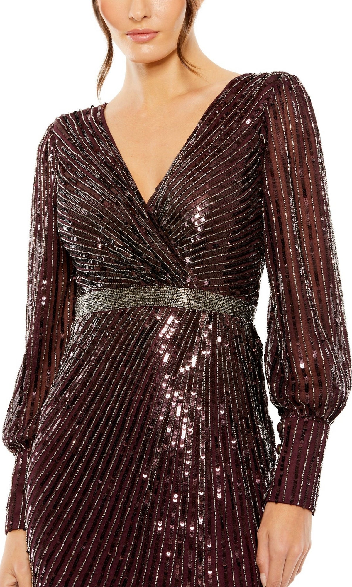 Woman wearing the Mac Duggal 5501 Long Sleeve Sequin Formal Dress, featuring a deep burgundy hue, V-neckline, metallic striped pattern, and fitted gathered waist—an elegant choice for the mother of the bride.