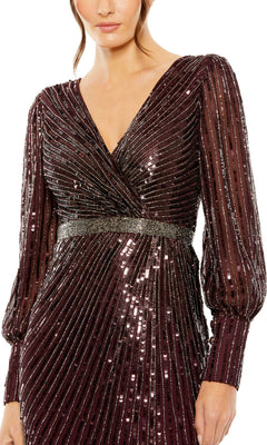 Woman wearing the Mac Duggal 5501 Long Sleeve Sequin Formal Dress, featuring a deep burgundy hue, V-neckline, metallic striped pattern, and fitted gathered waist—an elegant choice for the mother of the bride.