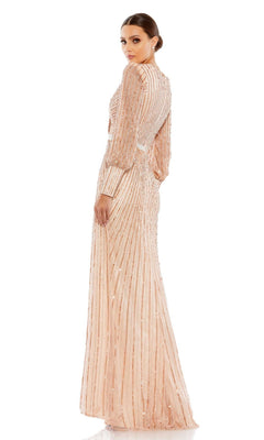 A woman models the Mac Duggal 5501 Long Sleeve Sequin Formal Dress in blush pink with floor-length sleeves and vertical stripes, perfect as an elegant evening gown or mother-of-the-bride look. She poses against a white background, glancing over her shoulder.