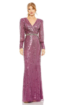 A woman models the Mac Duggal 5501 Long Sleeve Sequin Formal Dress—a floor-length, purple gown with V-neck and fitted waist, ideal for mother of the bride—standing against a plain white background.