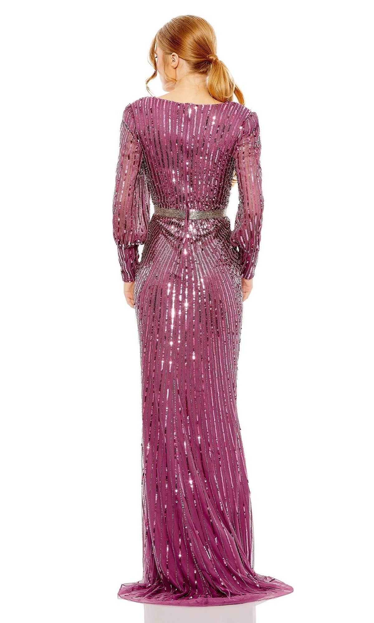 A woman with straight hair in a low ponytail wears the Mac Duggal 5501 Long Sleeve Sequin Formal Dress—a floor-length, purple gown with a fitted waist—ideal for mothers of the bride or any formal occasion.