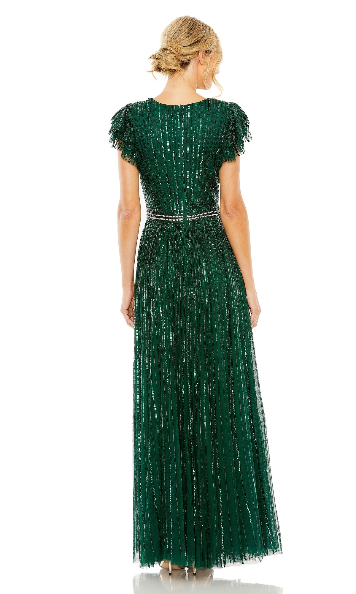Short-Sleeve V-Neck A-Line Sequin-Stripe Formal Dress– PromGirl