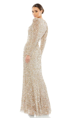A woman in the Mac Duggal 5510 Long Sleeve Sequin Formal Dress stands with her back turned, looking over her shoulder.
